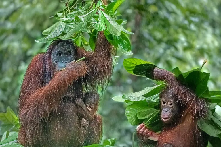 Eine Orang Utan-Mutter trägt ihr Baby und sitzt neben ihrem Kleinkind im Regen auf einer Fotoreise durch Borneo.